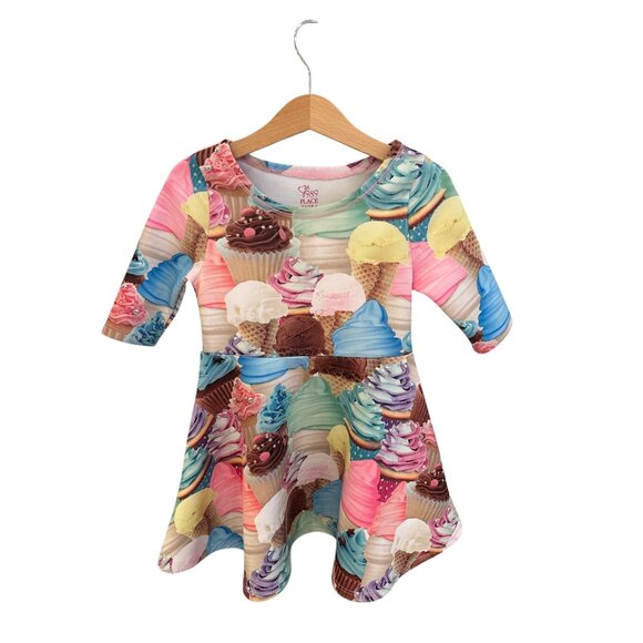 Ice cream Print Girls Dress XS 4 The Childrens Place 3/4 Sleeve Polyester/Spande - Picture 2 of 7